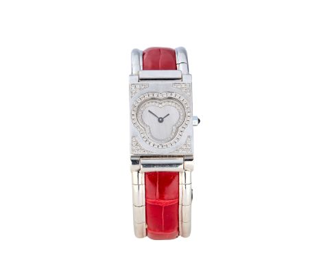 A white gold diamond set quartz bangle watch Circa 1990 Quartz movement, trefoil shaped silvered dial with pavé diamond surro