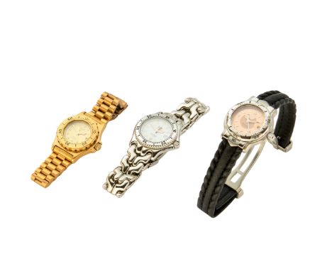 Tag Heuer. A lot of three small sized watches  Comprising: a stainless steel automatic wristwatch with bronze dial, fitted Ta
