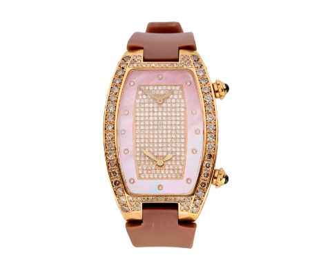 Swiss. An 18ct rose gold diamond set dual time zone quartz wristwatch Quartz movements, pink mother of pearl dial with pavé d