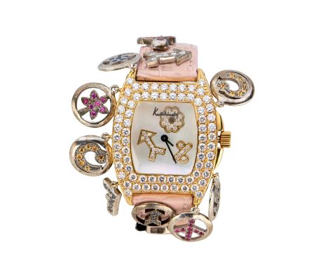 Kutchinsky. A gold, diamond and gem set charm wristwatch Joop lady, Circa 2000 Quartz movement, mother of pearl dial with dia