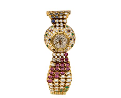 Delaneau. An 18ct gold diamond and gem set quartz bracelet watch Quartz movement, pavé diamond dial, ruby, diamond, emerald a