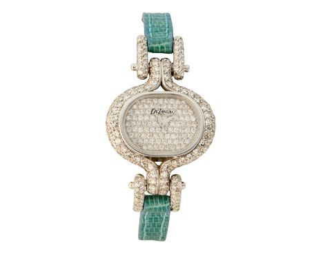 DeLaneau. An 18ct white gold diamond set manual wind wristwatch Ref: G158/1 Manual wind Cal: 6238 movement, oval pavé set dia