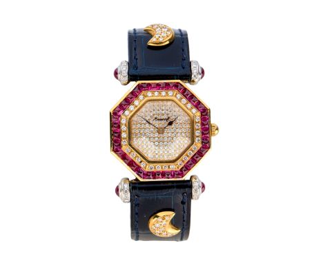 Kutchinsky. A gold diamond and ruby set quartz wristwatch Octo, No 040 Quartz movement, octagonal pavé set diamond dial, face