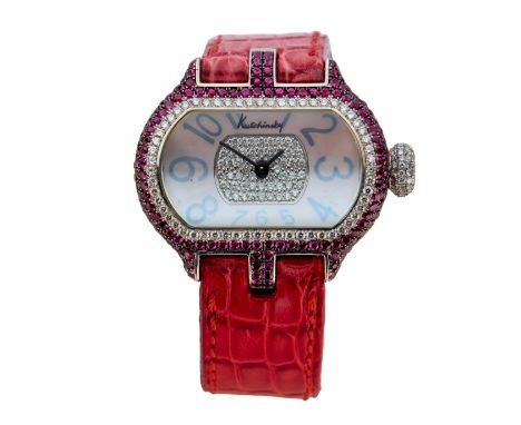 Kutchinsky. A diamond and ruby set quartz wristwatch Quartz movement, pale pink mother of pearl dial with Arabic numerals and