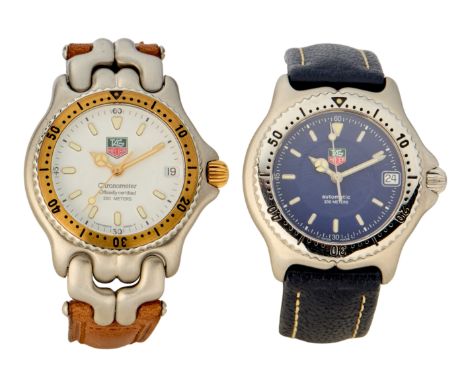 Tag Heuer. A lot of two automatic chronometer wristwatches  Comprising: a stainless steel wristwatch with blue dial, fitted T