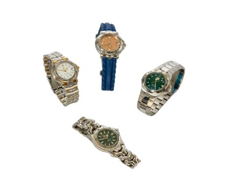 Tag Heuer. A lot of four watches  Comprising: a stainless steel automatic chronometer bracelet watch with green dial, referen