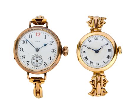 A lot of two early 20th century manual wind bracelet watches Comprising: a 9ct gold manual wind bracelet watch with white dia