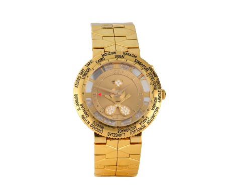 Sarcar. An 18ct gold automatic bracelet watch with world time indication and skeletonized diamond set dial   A93107-15, Circa