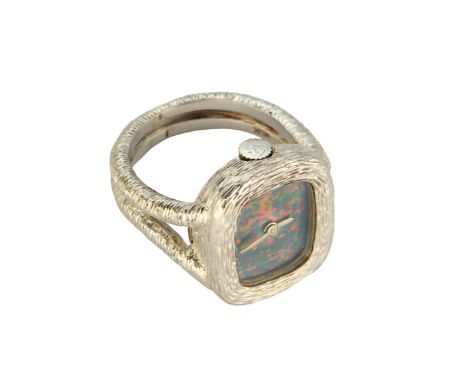 Roy King. A rare 18ct white gold and opal manual wind ring watch Hallmarked for London 1972, ring shank with hallmarks for Lo