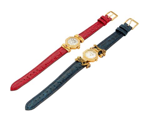 A lot of two gold, diamond and gem set quartz wristwatches Quartz movements, octagonal mother of pearl dials, one with diamon
