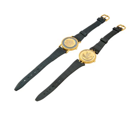Sarcar. Two 18ct gold and diamond set wristwatches Circa 1980, Case numbers 52234-14 and 52233-04 Quartz movements, mystery s