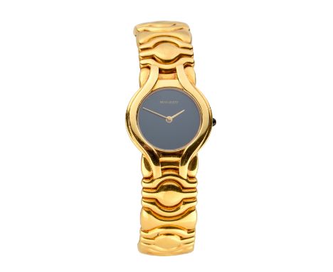 A gold quartz bangle watch Quartz movement, black dial, polished case, with gem set crown, to integral sprung fancy link brac