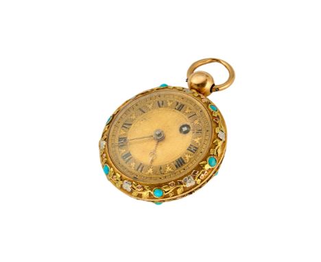 Unsigned. An early 19th century three colour gold and turquoise set open face fob watch  Circa 1830 Gilt full plate English l