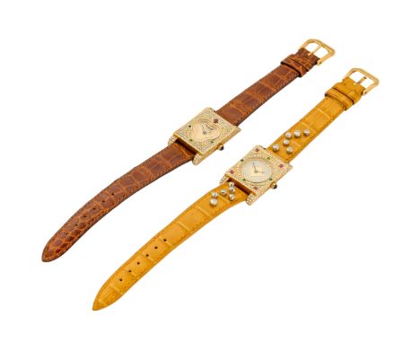 Two gold, diamond and gem set wristwatches  Circa 1990 Quartz movements, rectangular pavé diamond set cases with emerald and 