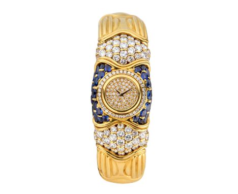 Swiss. A diamond and sapphire set quartz bangle watch Quartz movement, pavé diamond set dial and bezel, sapphire set case sid