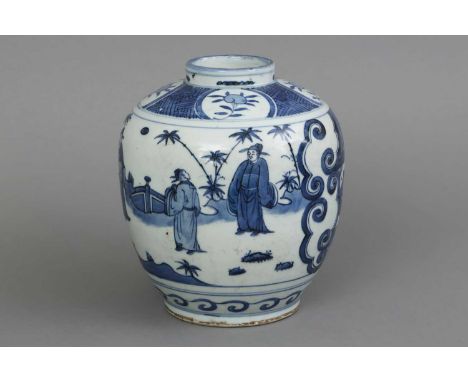 Chinesische Porzellanvase ovoider Korpus auf eingezogenem Standring, kurzer Hals, umlaufend auf der Wandung Gartenszene mit P