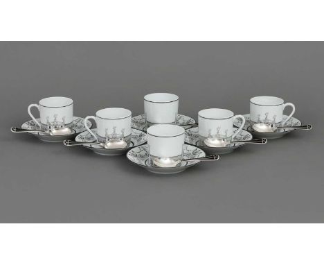6 CHRISTIAN DIOR für LIMOGES (Frankreich) Mokkatassen mit Untertassen um 1990, Modell ¨Palladio¨, schwarz-weißes Vedutendekor