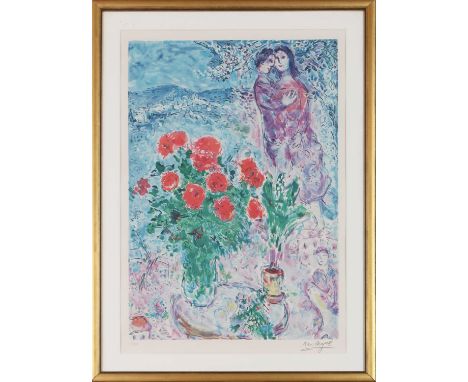 MARC CHAGALL (1887 Peskowatik bei Vitebsk - 1985 Saint-Paul-de-Vence) Farblithografie, ¨Roter Blumenstrauß mit Liebespaar¨, u