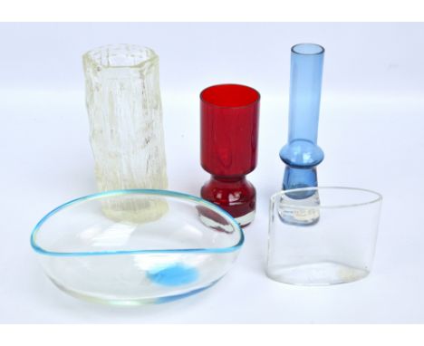 Five pieces of Scandinavian glass including a Salviati pale blue tinted elliptical bowl, length 22.5cm, a Tapio Wirkkala vase