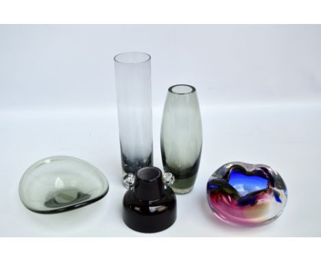 HOLMEGAARD;  four pieces of art glass including a ruby and opaque glass vase with twin scrolling clear glass handles, height 