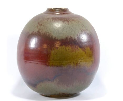 ABDO NAGI (1941-2001); a large stoneware globular vase covered in ruby red and mustard glaze, impressed mark, gallery label, 