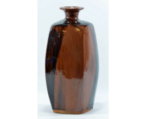 BERNARD LEACH (1887-1979) for Leach Pottery; a large square stoneware bottle covered in tenmoku and khaki glaze, impressed BL