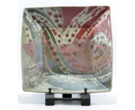 MARIANNE DE TREY (1913-2016) for Shinner's Bridge Pottery; a square stoneware dish, polychrome decoration, impressed dTe mark