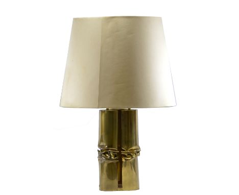 MONIQUET; a French brass table lamp with three bulb fitting, impressed marks 'Moniquet Edition Cheret MM Paris', height 71cm.