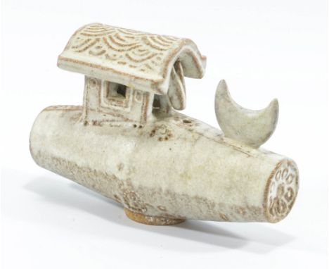 IAN GODFREY (1942-1992); a stoneware sculpture of a donkey in a house with crescent moon, covered in pale grey ash glaze, len