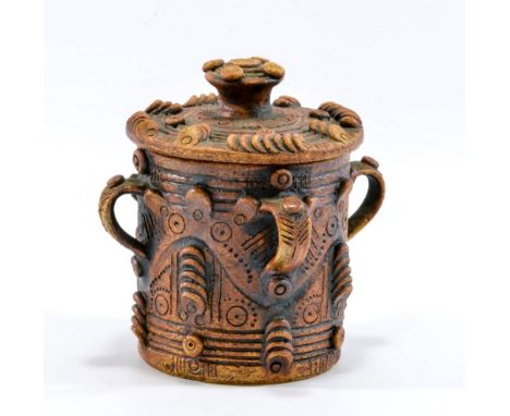 IAN GODFREY (1942-1992); a stoneware casket with four handles covered in applied and incised decoration, height 14cm. (D)   C