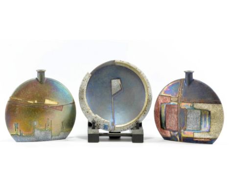 EMILI BIARNES (born 1956); a pair of flask forms and a dish, all with metallic lustre decoration, painted and impressed marks