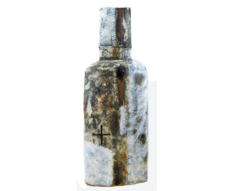 ROBIN WELCH (born 1936); a tall stoneware bottle, black, white and red glazes with black enamel crosses, impressed RW mark, h