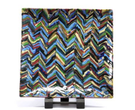 JANICE TCHALENKO (born 1942) for Dartington Pottery; a large square stoneware dish, zig zag pattern, impressed pottery mark a