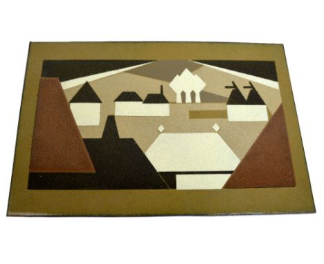 MERRICK HANSEL (born 1914); an enamel plaque, 'Weald Farm From The Hill', an abstract landscape, descriptive label verso with