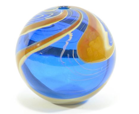 PETER LAYTON (born 1937); a glass globe vase with swirling blue and gold pattern, incised signature, height 13.5cm. (D)   CON