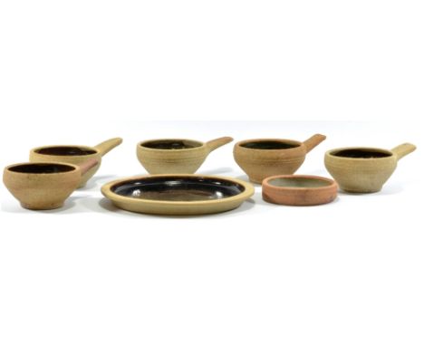 LEACH POTTERY; five stoneware soups, a plate and small dish, impressed SI marks, plate diameter 24cm (7).    CONDITION REPORT