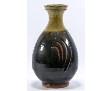 JIM MALONE (born 1946); a stoneware bottle covered in tenmoku and green ash glaze to the neck, impressed JM and A for Ainstab