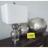 LOT - SILVER TONE DECOR, LAMP, LARGE VESSELS