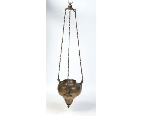 A 17th century bronze hanging sacristy lamp. Hanging on three chains supported by mask shaped terminals, 90cm.  Condition Rep