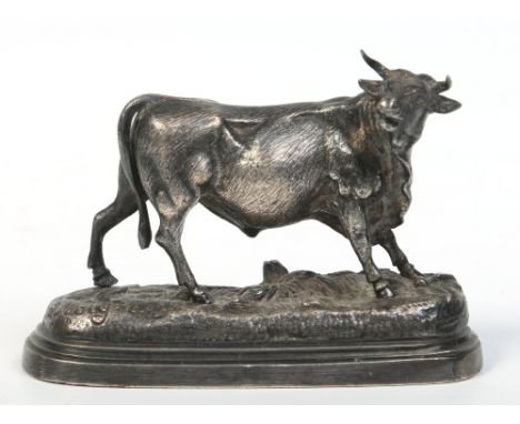 Jules Moigniez (1835-1934). A miniature silvered bronze model of a bull raised on an oval plinth. Signed, 9.25cm.  Condition 