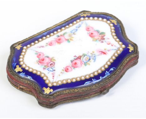 A 19th century Continental brass purse with guilloche enamelled scales decorated with a panel of flower swags, stylized scrol