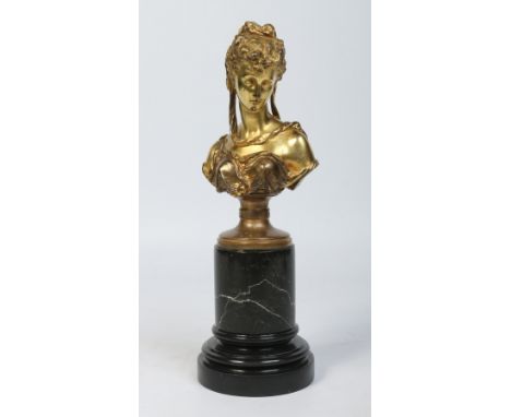 A 19th century French gilt bronze portrait bust of a young woman on socle base and raised on a cylindrical marble plinth, 37c