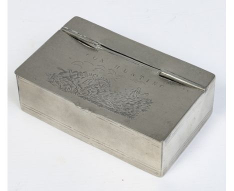 An 18th century pewter snuff box with hinged cover by Thomas Crompton, London. Engraved with a fox hunting scene and inscribe