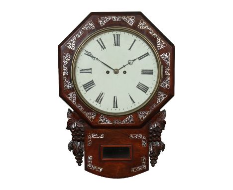 A Victorian rosewood eight day drop dial wall clock. Inlaid with mother of pearl and with painted circular dial having Roman 