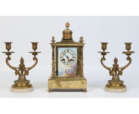 A gilt metal clock garniture. The clock set with painted Sevres style panel houses a French eight day movement striking half 