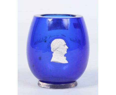 A Victorian cobalt blue glass vase with white cameo portrait. Inscribed verso William Ewart Gladstone 1880, 9.75cm.  Conditio