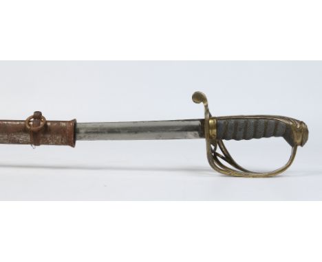 A Victorian cavalry officers sword in metal scabbard. With open hilt bearing the Royal cipher and with shagreen grip. Blade l