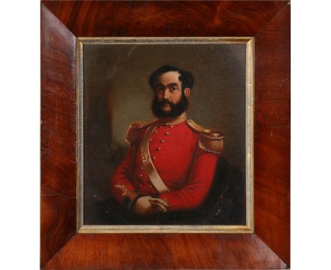A 19th century oil on board in rosewood frame. Portrait of a bearded military officer, 30cm x 27cm.  Condition Report. To be 