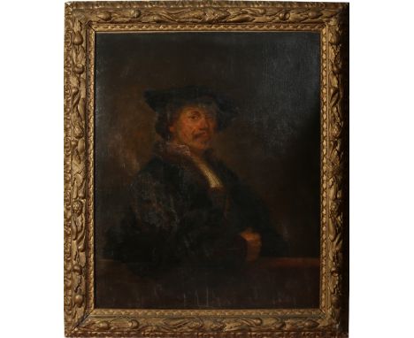 After Rembrandt Harmenszoon van Rijn. A large 19th century gilt framed oil on canvas, self portrait at the age of 34, 1640. T