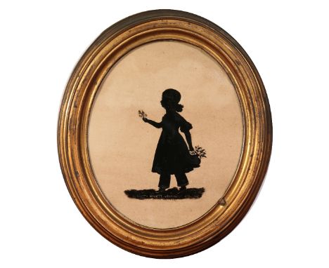 A Regency reverse glass painted silhouette portrait in oval gilt frame. Inscribed Elizabeth Barrett, Leamington Spa, 1837, 19
